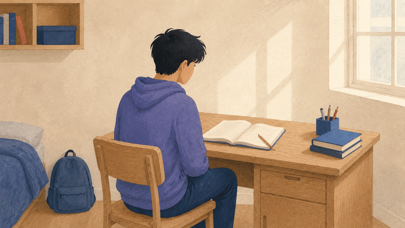 Ragazzo che non riesce a iniziare a studiare davanti al libro aperto