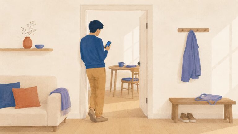 illustrazione di un adulto fermo di spalle sulla soglia di una porta aperta, con un telefono in mano, davanti a una stanza con un tavolo e una sedia vuota