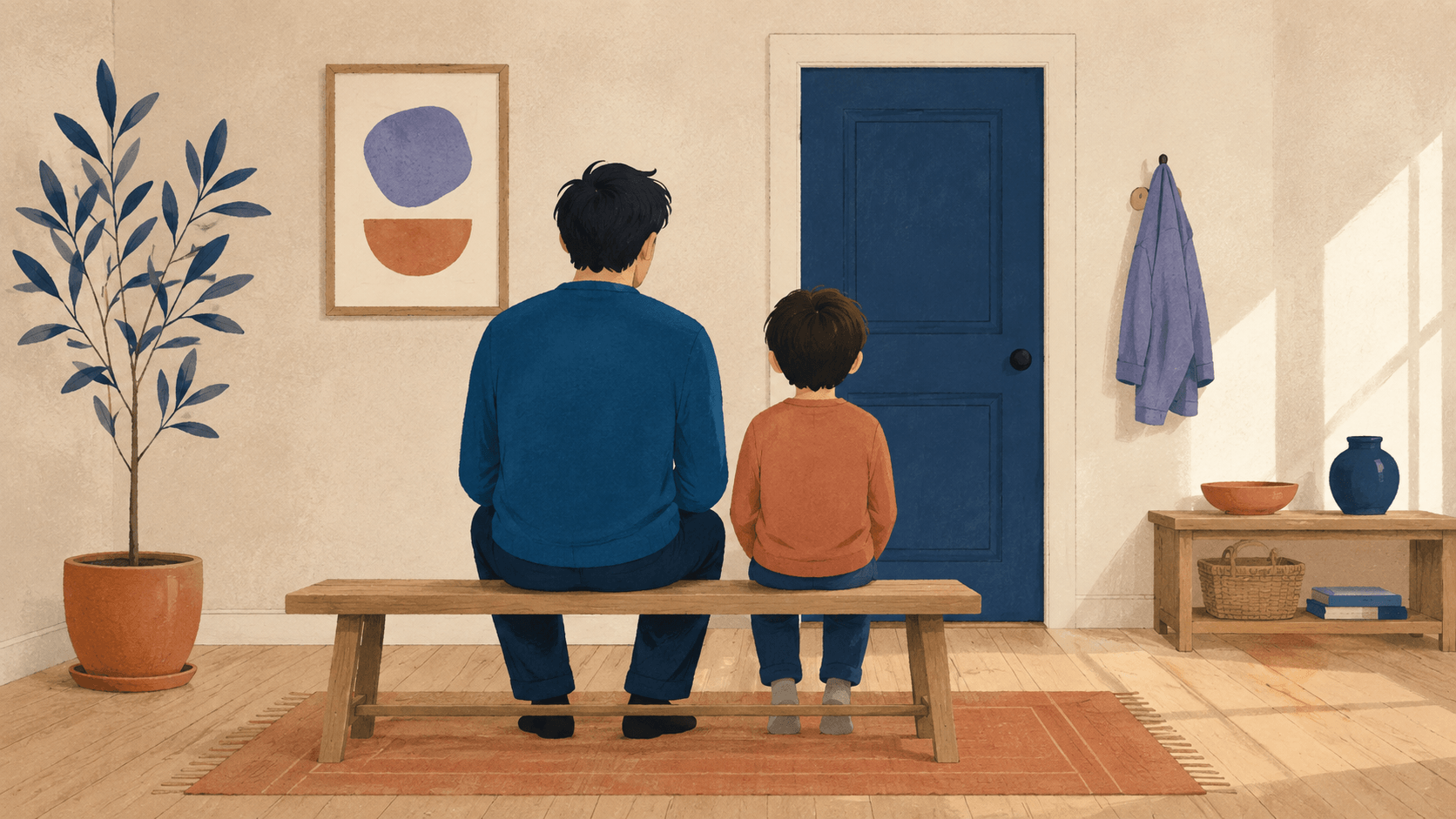 Un bambino seduto con un padre su una panca davanti ad una porta